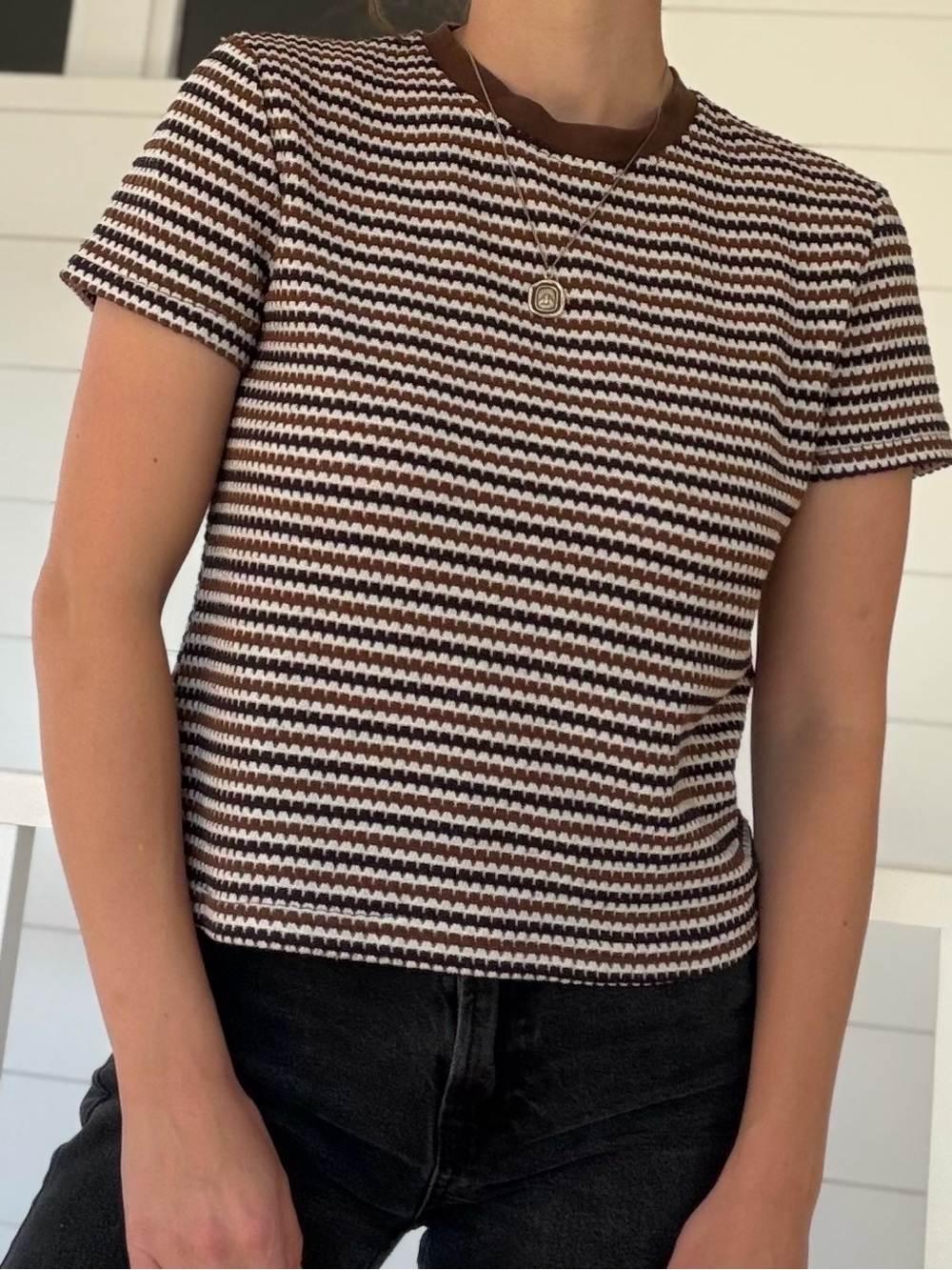 Retro Style Brown Striped Textured Knit Top Large - Small Fit Dazy Less